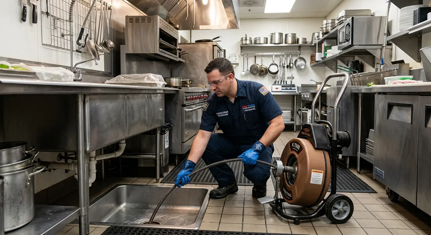 Commercial drain cleaning service in a restaurant kitchen in Wake Village