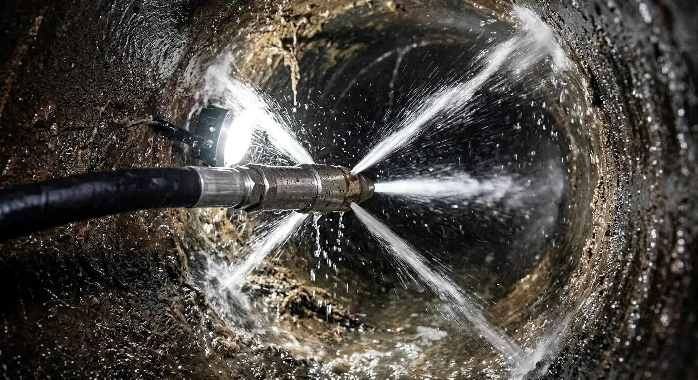 High-pressure hydro jetting nozzle cleaning sewer pipe for Emergency Drain Service in Wake Village